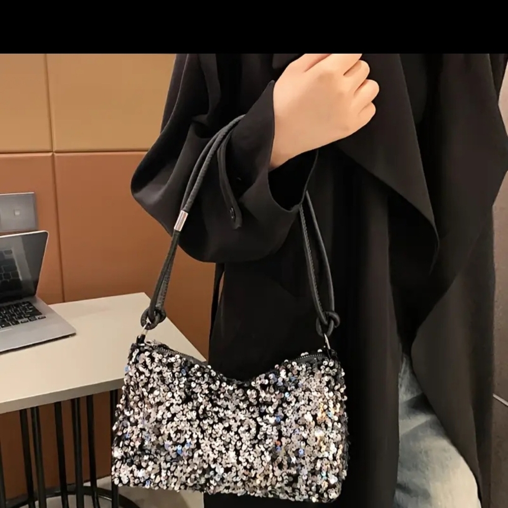 Glamorous Black and Silver Sequin Shoulder Bag - Picture 4 of 5